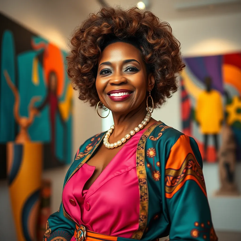 A group of diverse African women in their 40s and 50s, dressed in vibrant, modern African-inspired outfits, laughing and posing together in a chic urban setting. The image should capture their confidence, style, and camaraderie.