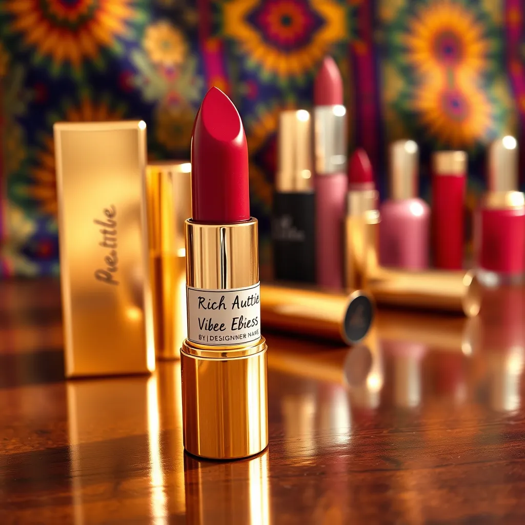 A close-up shot of a luxurious, limited-edition lipstick with a sleek, gold packaging and a label that says "Rich Auntie Vibes Cosmetics By [Designer Name]". The lipstick is displayed on a polished wooden table with a backdrop of a colorful African textile. There are other high-end makeup products in the background.