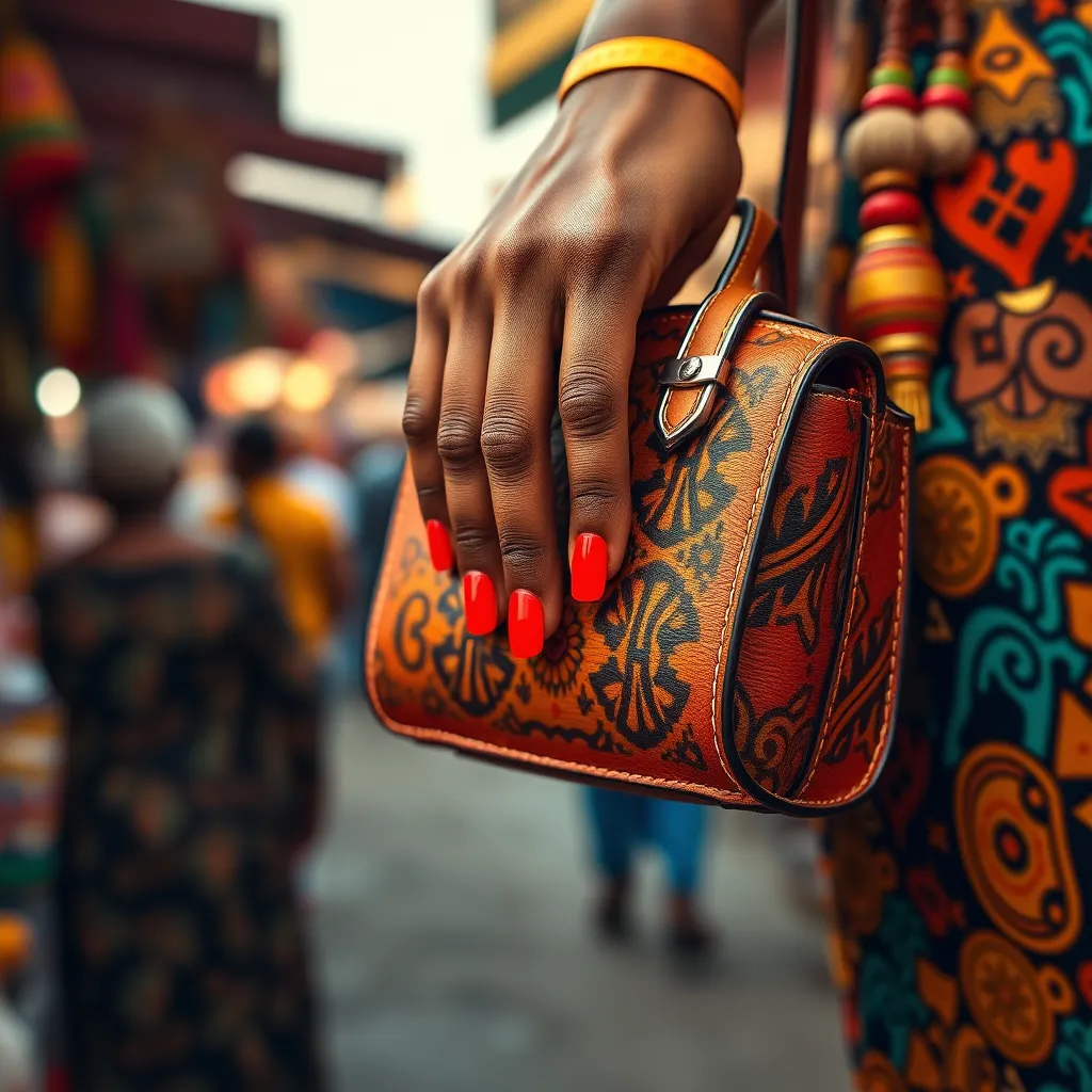 A close-up shot of an African woman's hand holding a stylish handbag, showcasing the intricate details of the design. The handbag is made of high-quality leather with African-inspired patterns, and the woman's nails are painted with a bold, modern color. The background is a vibrant and bustling African market, highlighting the fusion of tradition and modern style.