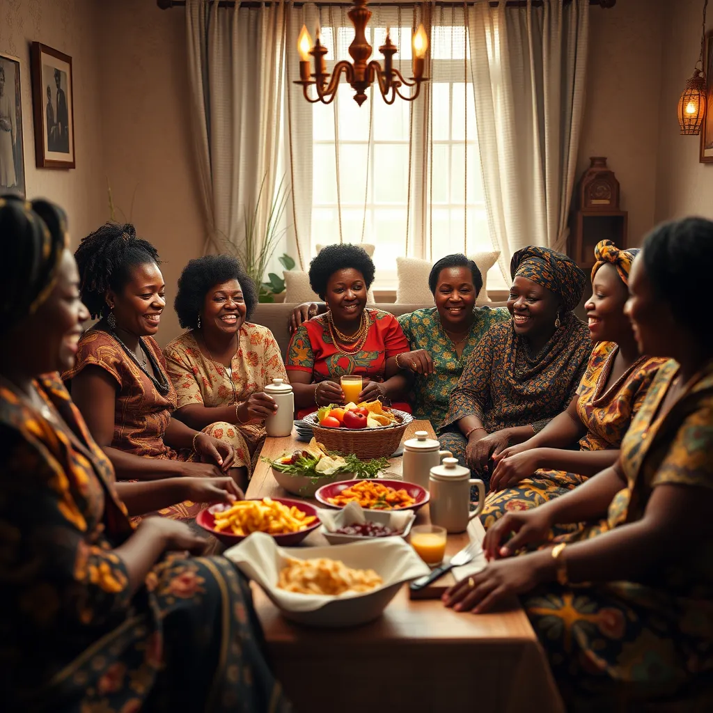 A cozy, inviting space with a mix of African women of different ages, sitting together, sharing stories, laughing, and enjoying a potluck meal. The scene should convey a sense of warmth, connection, and shared experiences.