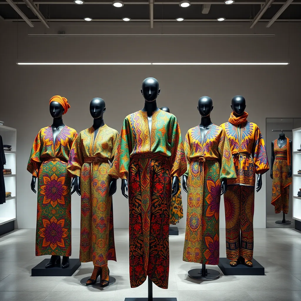 A curated selection of vibrant, high-quality African fashion pieces displayed on mannequins in a modern, minimalist boutique. The image should focus on the intricate details, textures, and colors of the clothing, highlighting the creativity and craftsmanship of African designers.