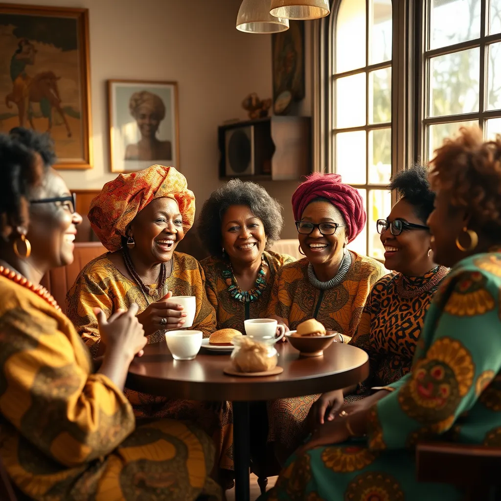 A group of diverse African aunties in their 50s and 60s, dressed in stylish, modern attire, gathered around a virtual table, engaging in lively conversation and sharing laughter. The background is a warm, inviting virtual space with elements of African culture, such as colorful textiles and traditional art.