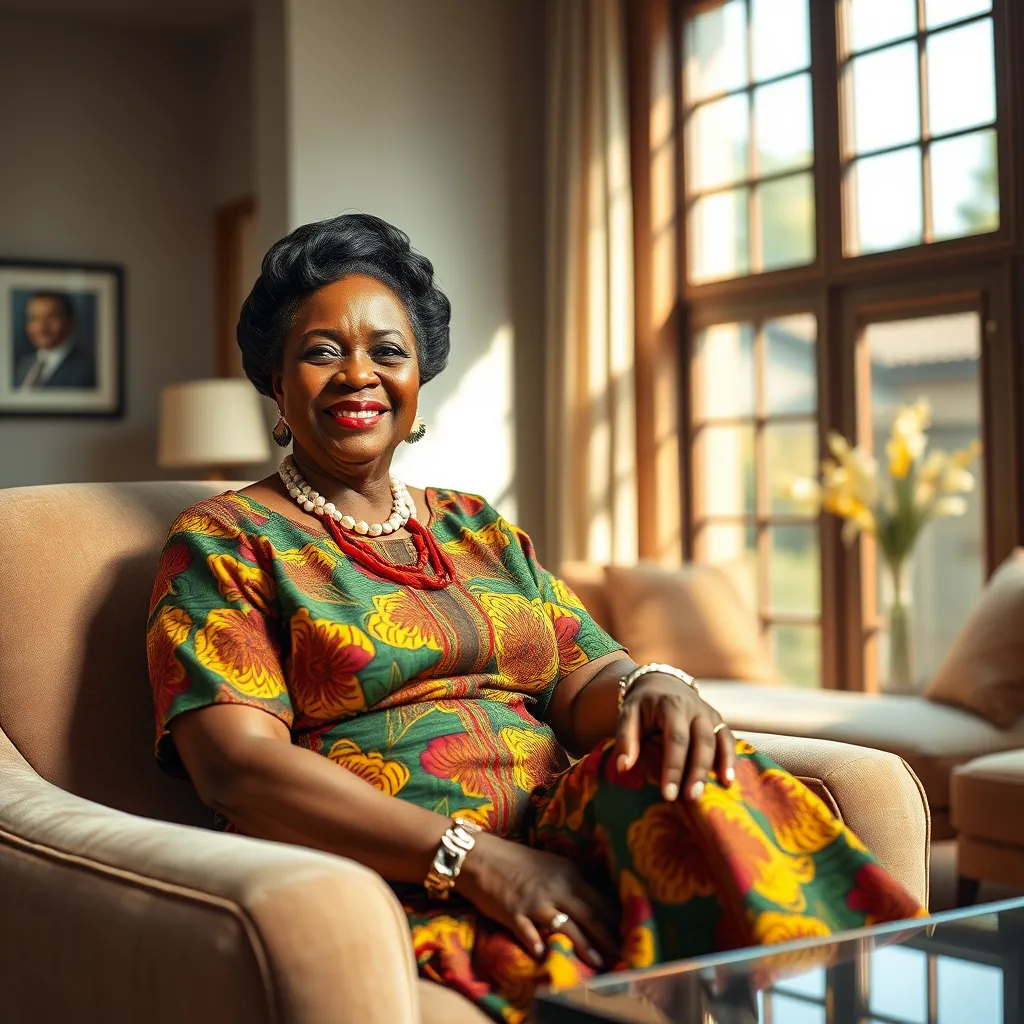 A portrait of an African woman in her 50s or 60s, with a warm and welcoming smile. She's wearing a vibrant Ankara dress paired with statement jewelry, sitting gracefully on a plush armchair in a well-appointed living room. Natural light streams in from a large window, highlighting the richness of the fabric and the woman's captivating aura.