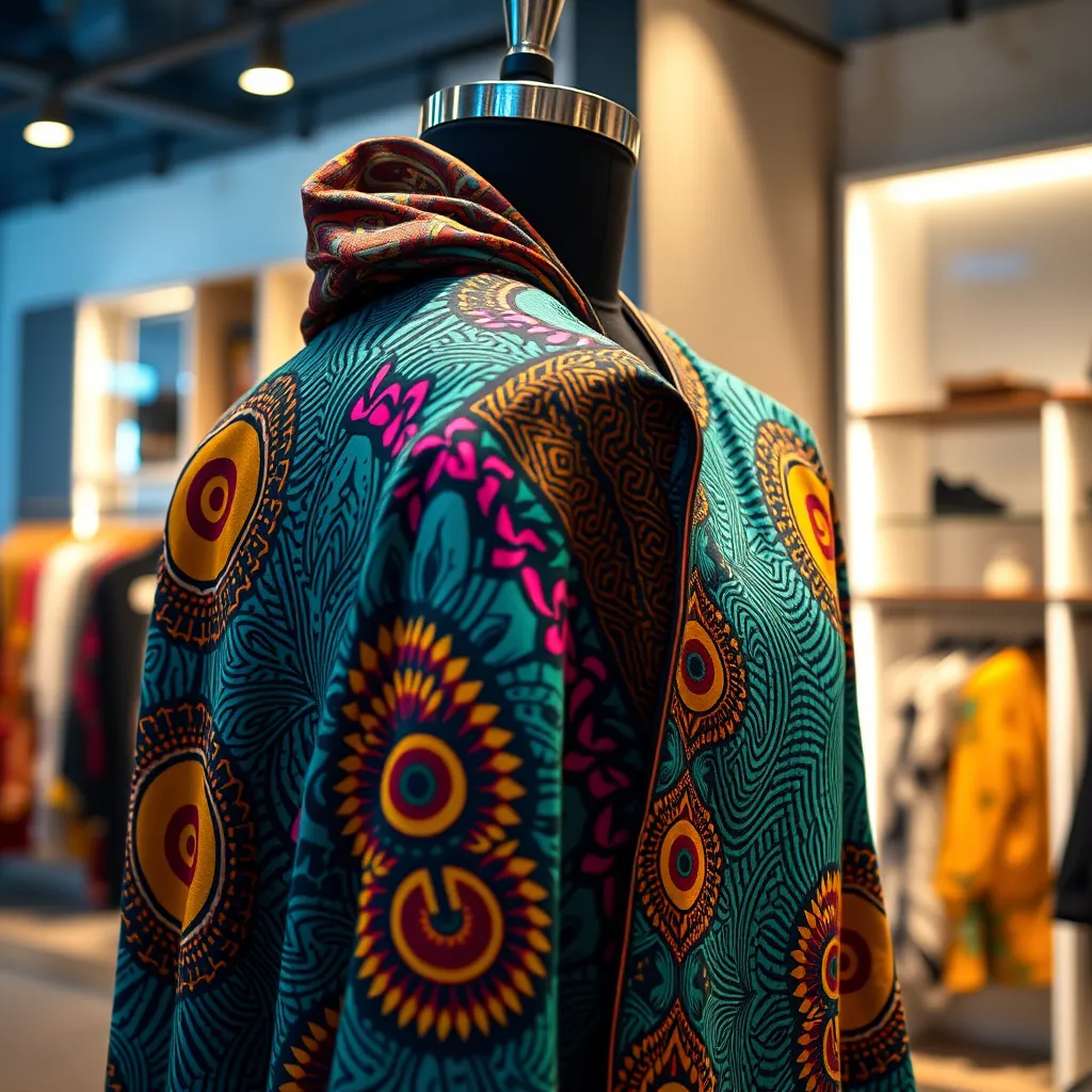 A vibrant, close-up shot of a beautifully designed African clothing item, with intricate details and bold colors.  The clothing is displayed on a mannequin in a modern, stylish boutique setting.  The image should convey the quality, craftsmanship, and cultural significance of the clothing.