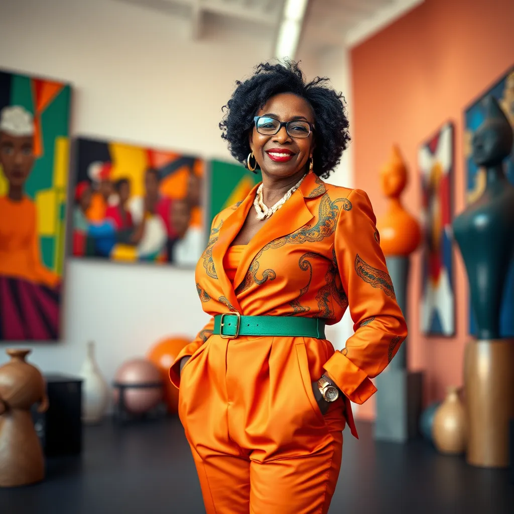 A stylish African woman in her 50s, with a confident smile, wearing a vibrant, modern African print dress with bold accessories. She is surrounded by a digital interface showing various fashion trends, outfit ideas, and styling tips. The background is a vibrant African city scene.